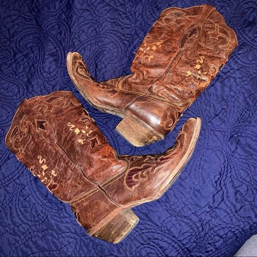 Corral Vintage Lizard Brown Cowgirl Boots Snip Toe
